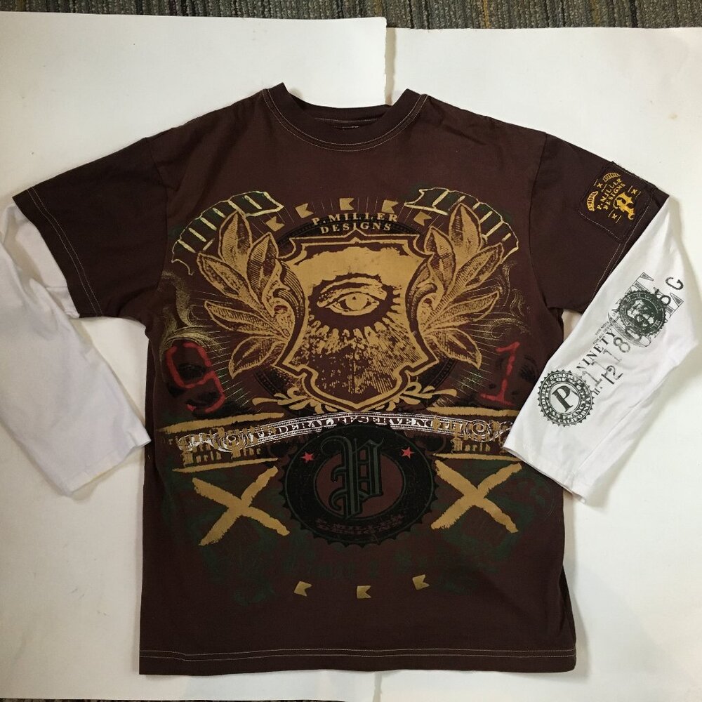 P. Miller Design Sz L 14/16 Y2K Long Sleeve Graphic T-shirt Brown Issac Morris